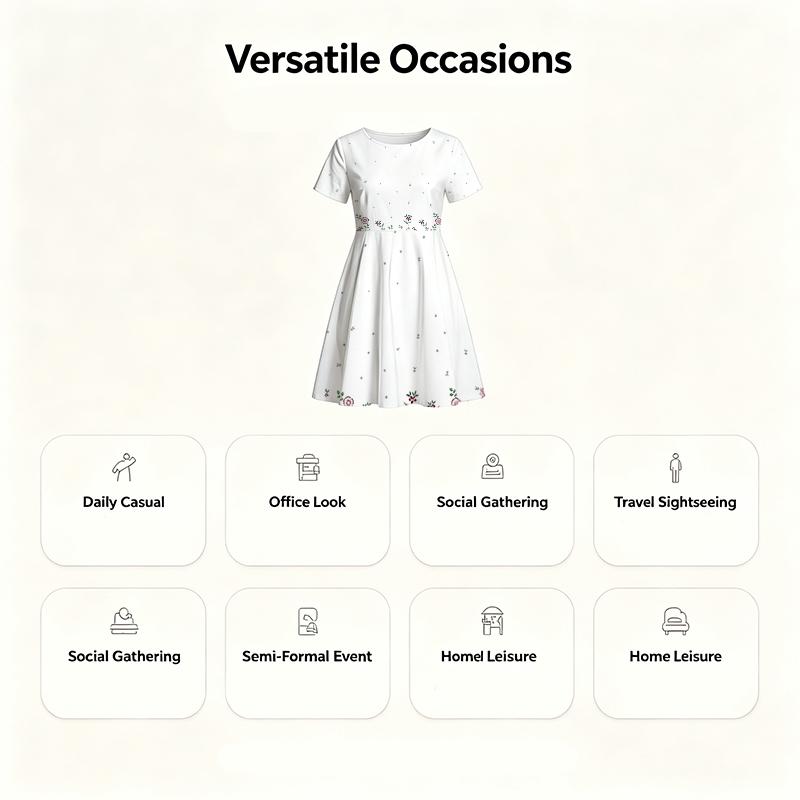 Crew Neck Short Sleeve Skater Dress, Tiny Floral Embroidered Print White Knee Length Dress For Women