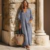 Women's V Neck Puff Three Quarter Sleeve Vertical Stripe Loose Fit Pocket Long Maxi Casual Summer Dress