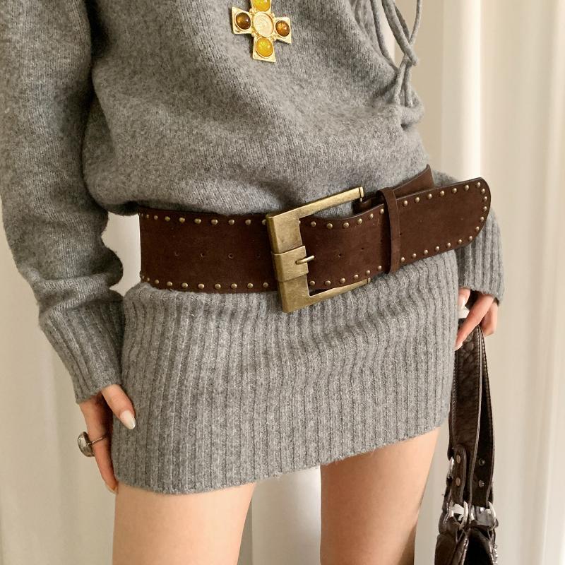 Retro Wildleder Nieten Gürtel Punk Gothic Western Cowgirl Breite Taillenbänder Gürtel Y2K Unregelmäßiger Gürtel