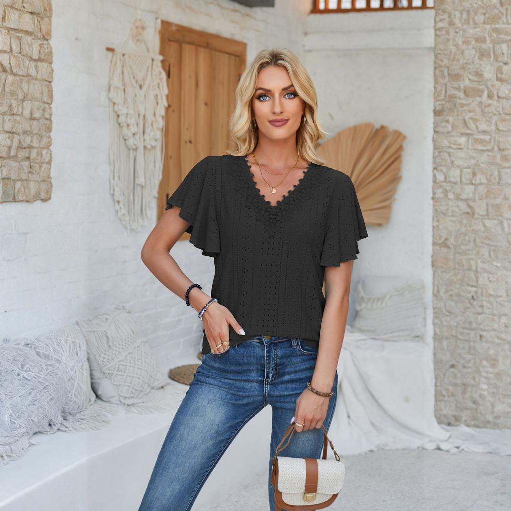 Women's Fashionable Casual Lace V-Neck Ruffle Sleeve Loose T-Shirt