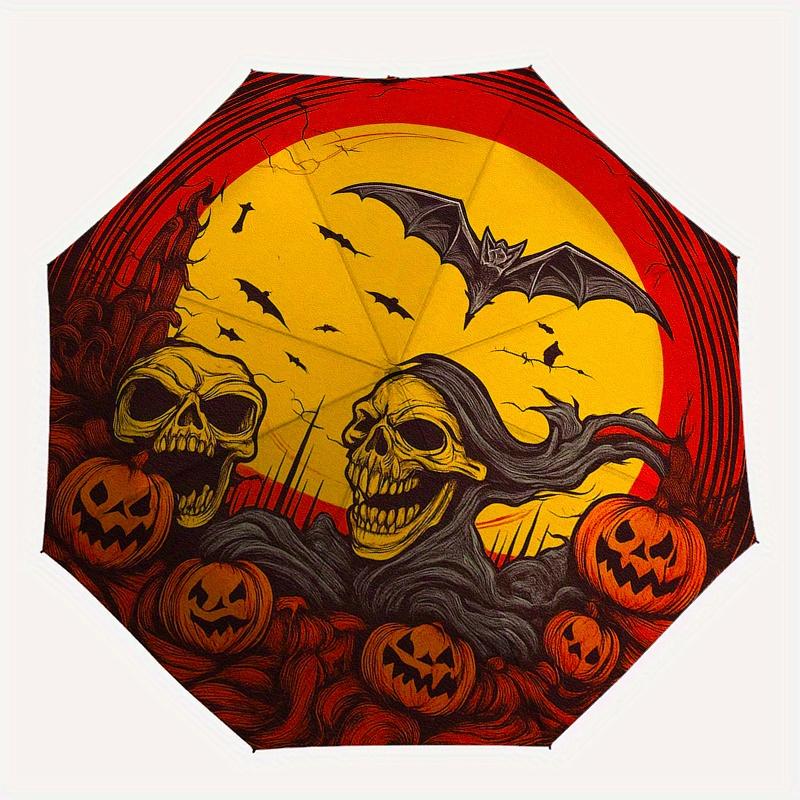 Halloween-Schädel und Kürbisse mit Vollmond Runder Teppich MatteRegenschirm, Tragbarer 3-fach-Regenschirm für Herren & Damen, Weihnachtsgeschenk ES338