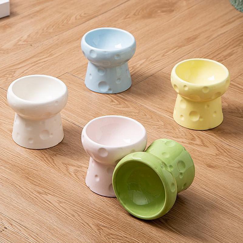 Ceramics Cat Bowl With Cheese Design Cat Food Bowl Water Plate Snack Dish Large Caliber Anti-Tip With Stand For Neck Protection