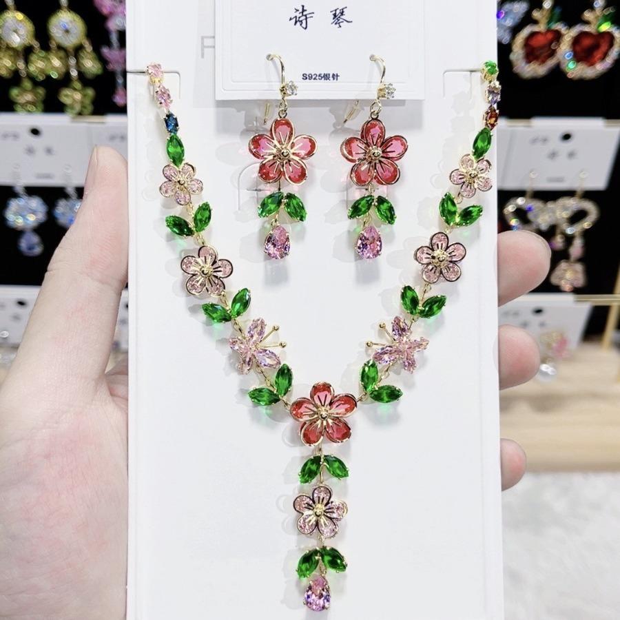 Trendy Zircon Luxury Necklace Earrings Set Color Heavy Industry Premium Peach Blossom Necklace