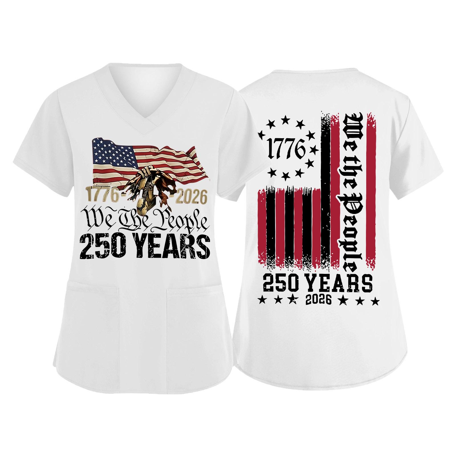 

Short Sleeve V Neck Top with 250 Years We the People Eagle Flag Print 1776 2026 Anniversary Graphic Design XL білий