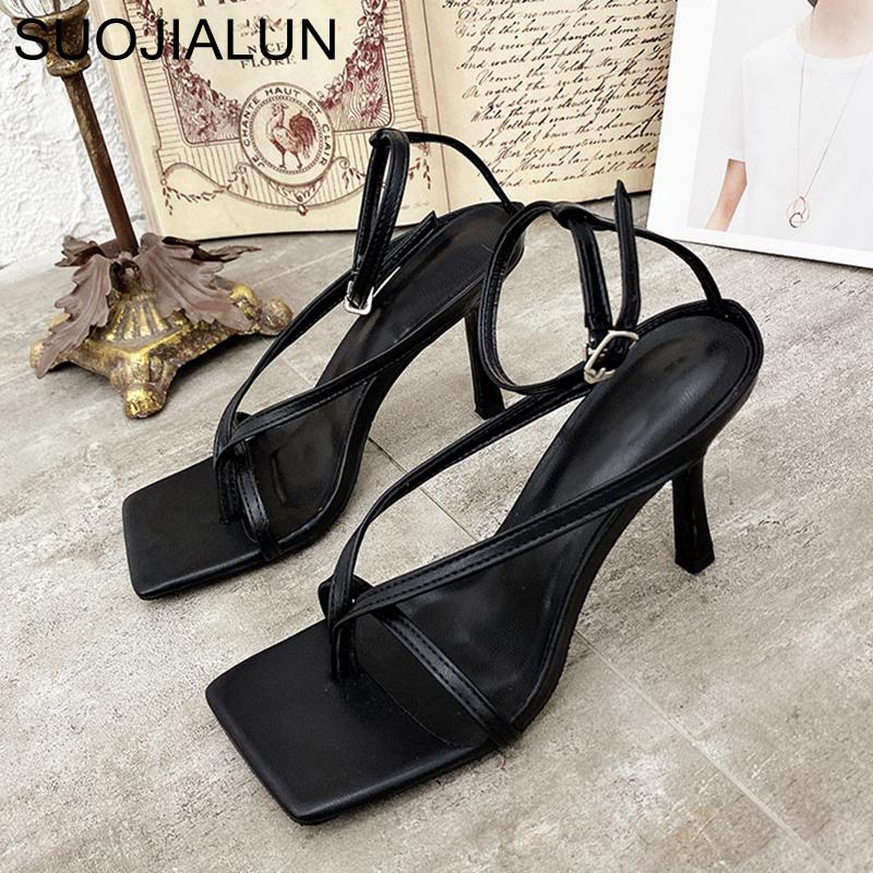 Fashion SUOJIALUN Gladiator Sandals High Heels Sandal Shoes Fashion Brand Strap Flip Flops Sexy Thin High Heel Pumps Square Toe Shoes