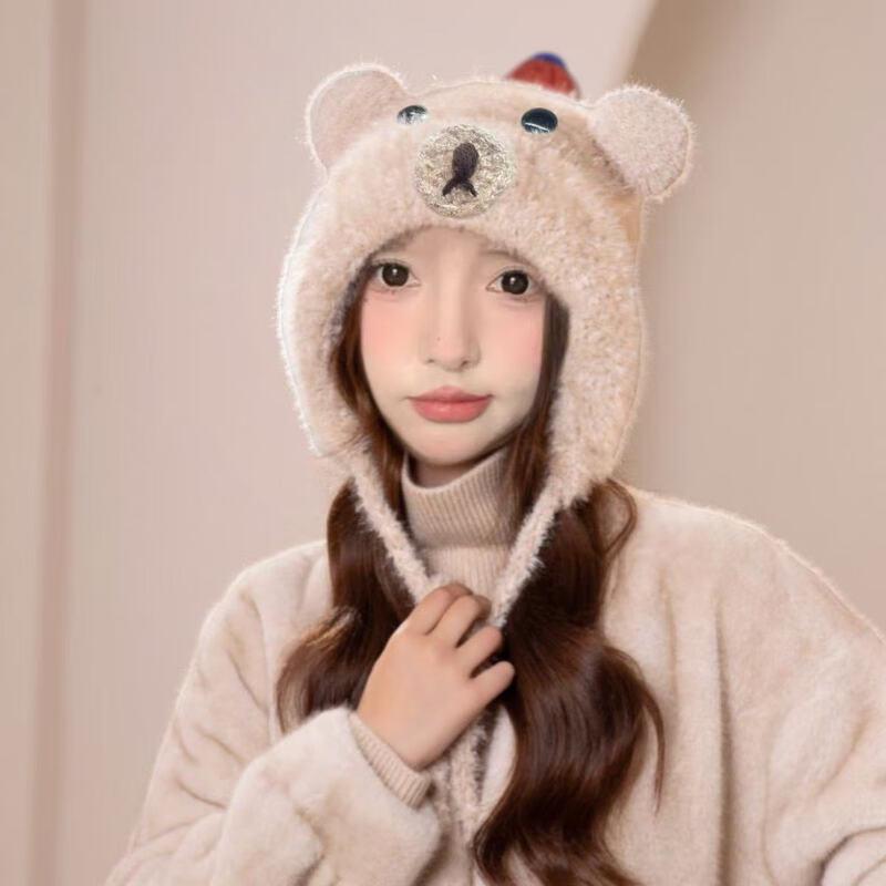 Плюшевая вязаная шапка-ушанка с мишкой для женщин