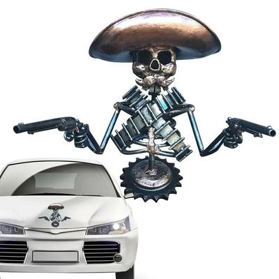 Totenkopf-Kühlerfigur, Totenkopf-Revolverheld-Autofiguren, Metall-Skelett-Motorhauben-Ornament im Cowboy-Stil, handgefertigte gegossene Totenkopf-Statue