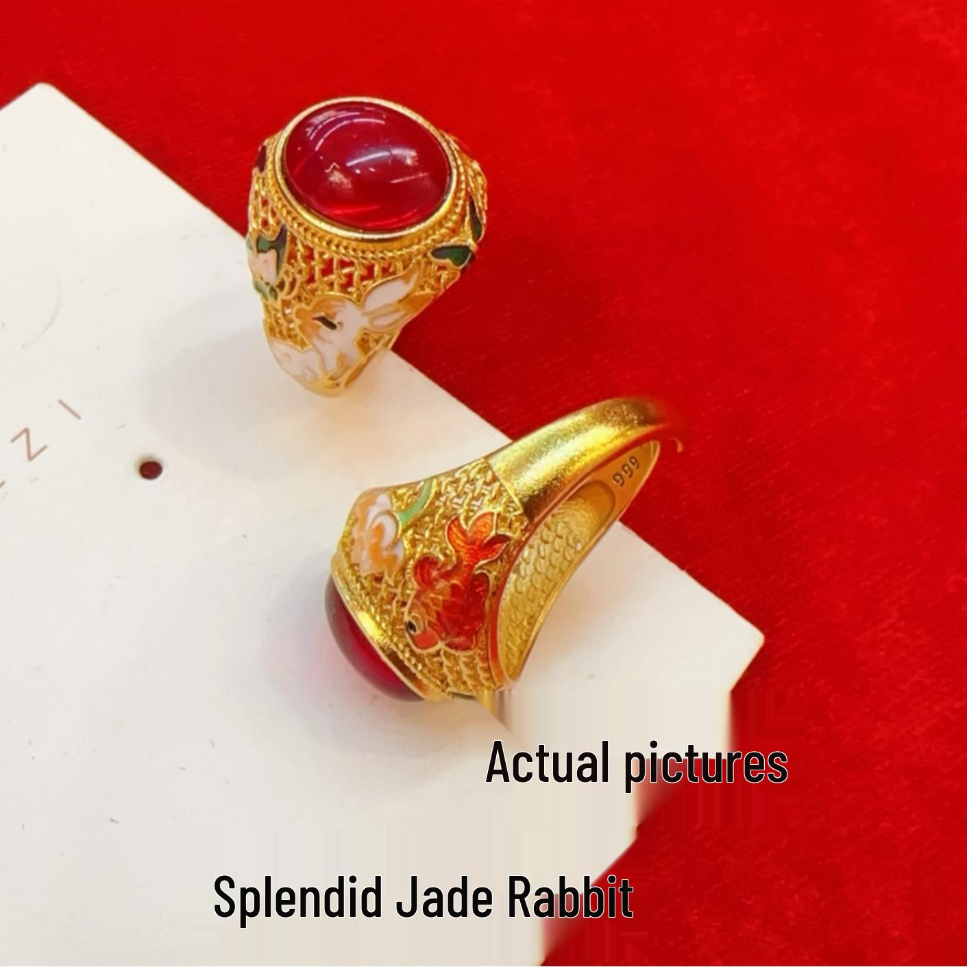 Enamel Rabbit and Koi Carp Adjustable Chinese Retro Ring for Men and Women Adjustable