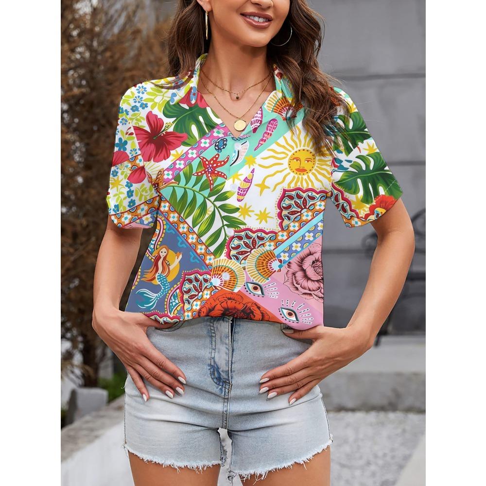 

This Colorful Women S Casual Short-Sleeve Shirt Features a Blend of Floral S