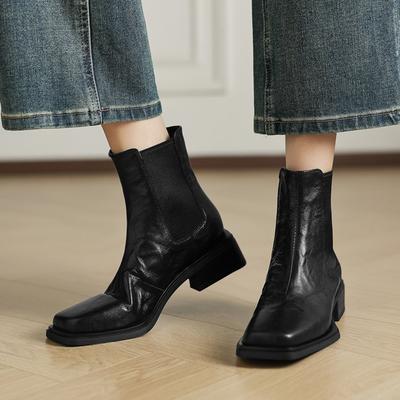 Modne NOWE Jesienne Damskie Buty Skórzane Buty Damskie Kwadratowy Nosek Gruba Obcas Buty Wsuwane Nowoczesne Buty Zwięzłe Codzienne Buty