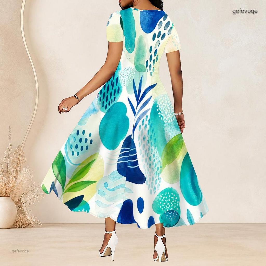 Women Plus Size Round Neck Short Sleeve Colorful Printed A Line Long Dress