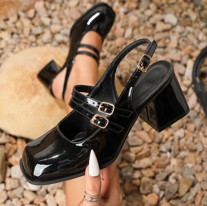Size36-45 Women Slingback Chunky Heel Comfort Square Toe Pumps Mary Jane Baotou Women Sandals Summer Thick Heels High Heel Shoes