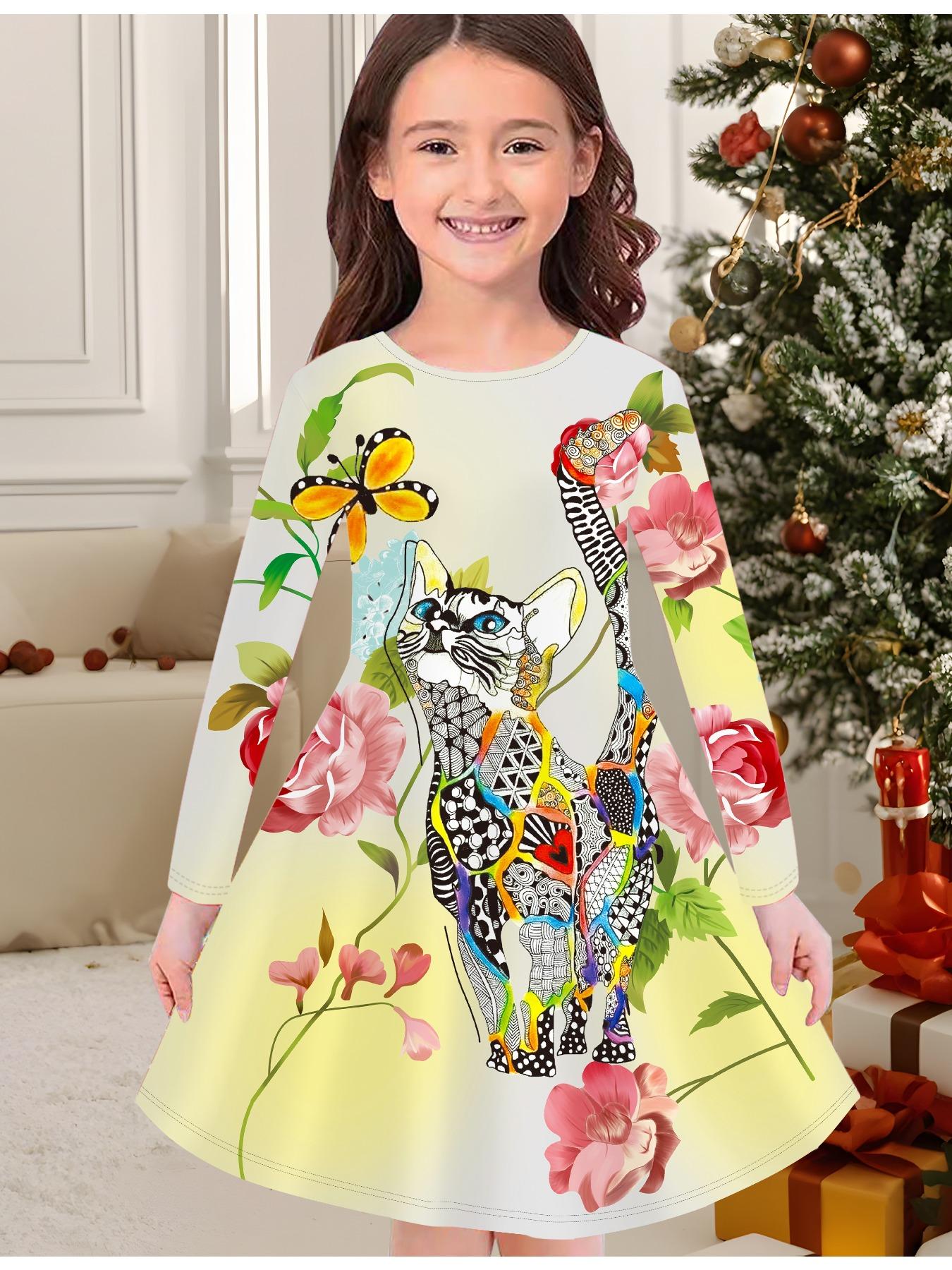 

Модное осенне-зимнее платье для девочек, милый 3D принт с котенком, круглая горловина, длинное детское платье-футболка, повседневное универсальное, рождественская одежда 170 жёлтый