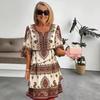 Women's V Neck 3/4 Sleeve Printed Loose Elastic Waist Bohemian Casual Midi Dress