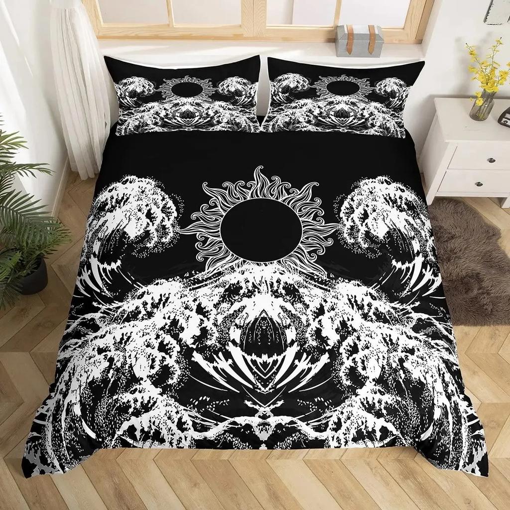 Japanese Ukiyoe Duvet Cover Set Hokusai Pattern Bedding Set Watercolor Sun Mountain Comforter Cover Exotic Style Quilt Cover Set