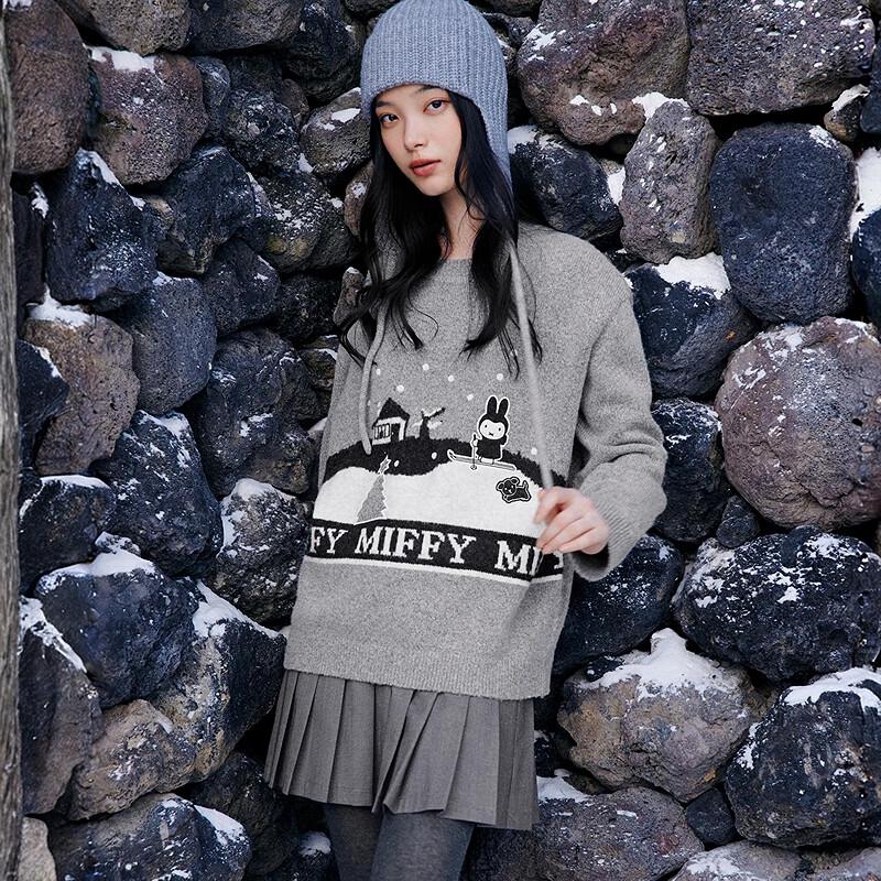 Вязаный свитер LEDING Miffy с кроликом, катающимся на лыжах, с круглым вырезом M