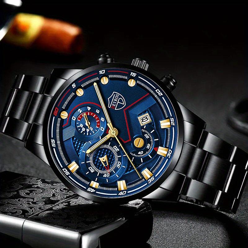 2pcs/set, 1pc Fashion Men's Sports Round Pointer Stainless Steel Quartz Watch & 1pc Bracelet with