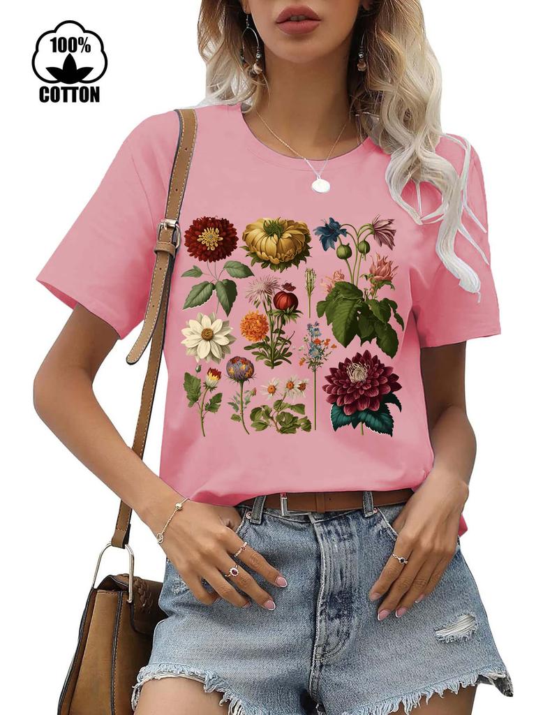 Floral Print Casual T-shirt 100% Polyester Short Sleeve round Neck Women's Graphic Top Aesthetic Summer Fashion
