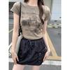 Hong Kong style chin printed round neck right shoulder t-shirt top for women summer design niche pleated waist hot girl short sleeves