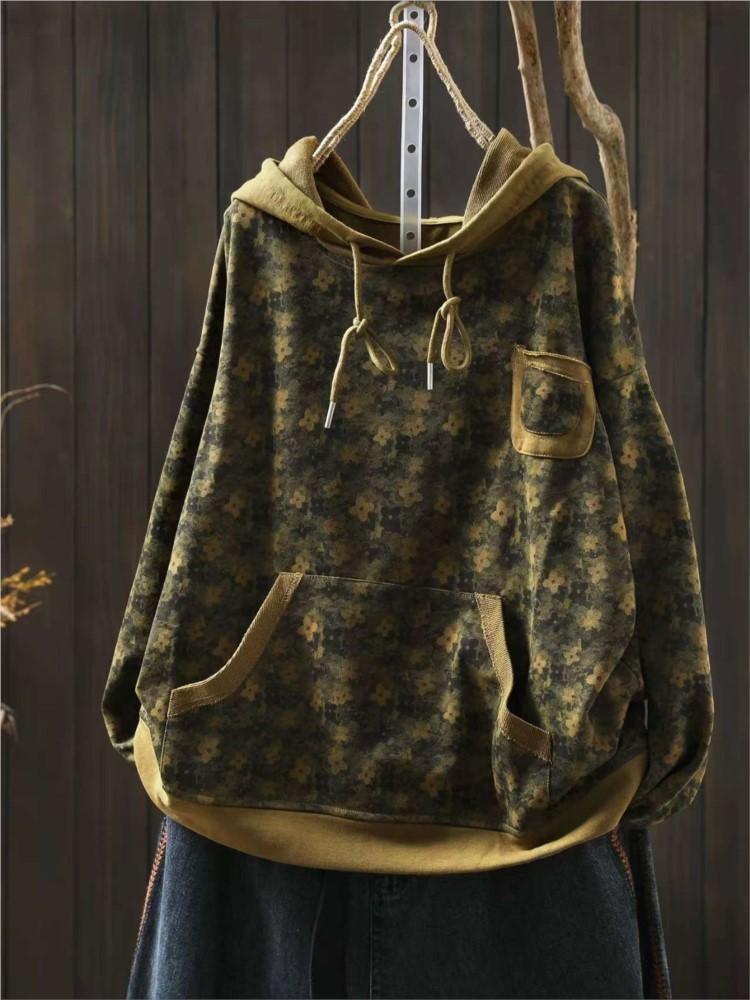 Johnature Damen Vintage Print Floral Kapuzenpullover Pullover Taschen Herbst Lässig Frottee Langarm Damenpullover