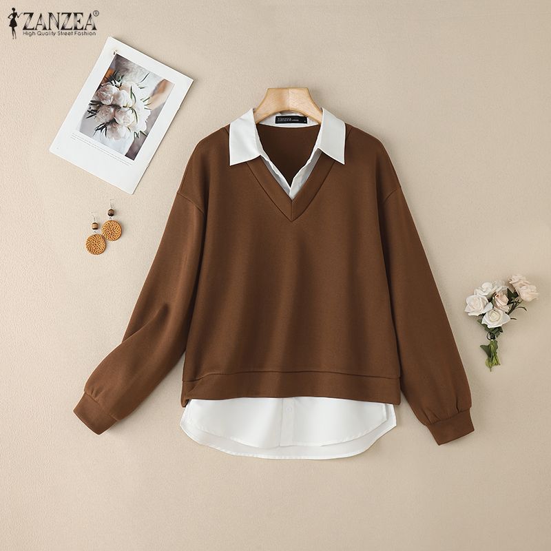ZANZEA Dame Casual Nedslått Krage Langermet Patchwork Pullover Sweatshirts