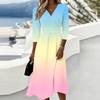Women's Casual Gradient Midi Dress V Neck Three Quarter Sleeve Back Zipper Elegant Fit and Flare Dress for Everyday Wear