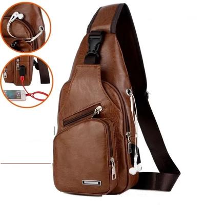 USB Men's Chest Bag Portable Large Capacity Charging Leisure Diagonal Cross Bag Outdoor Sports PU Chest Bag