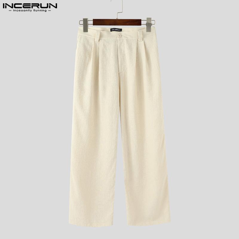INCERUN Pánské zapínací v pase Jednobarevné Ležérní Texturované Dlouhé Rovné Kalhoty