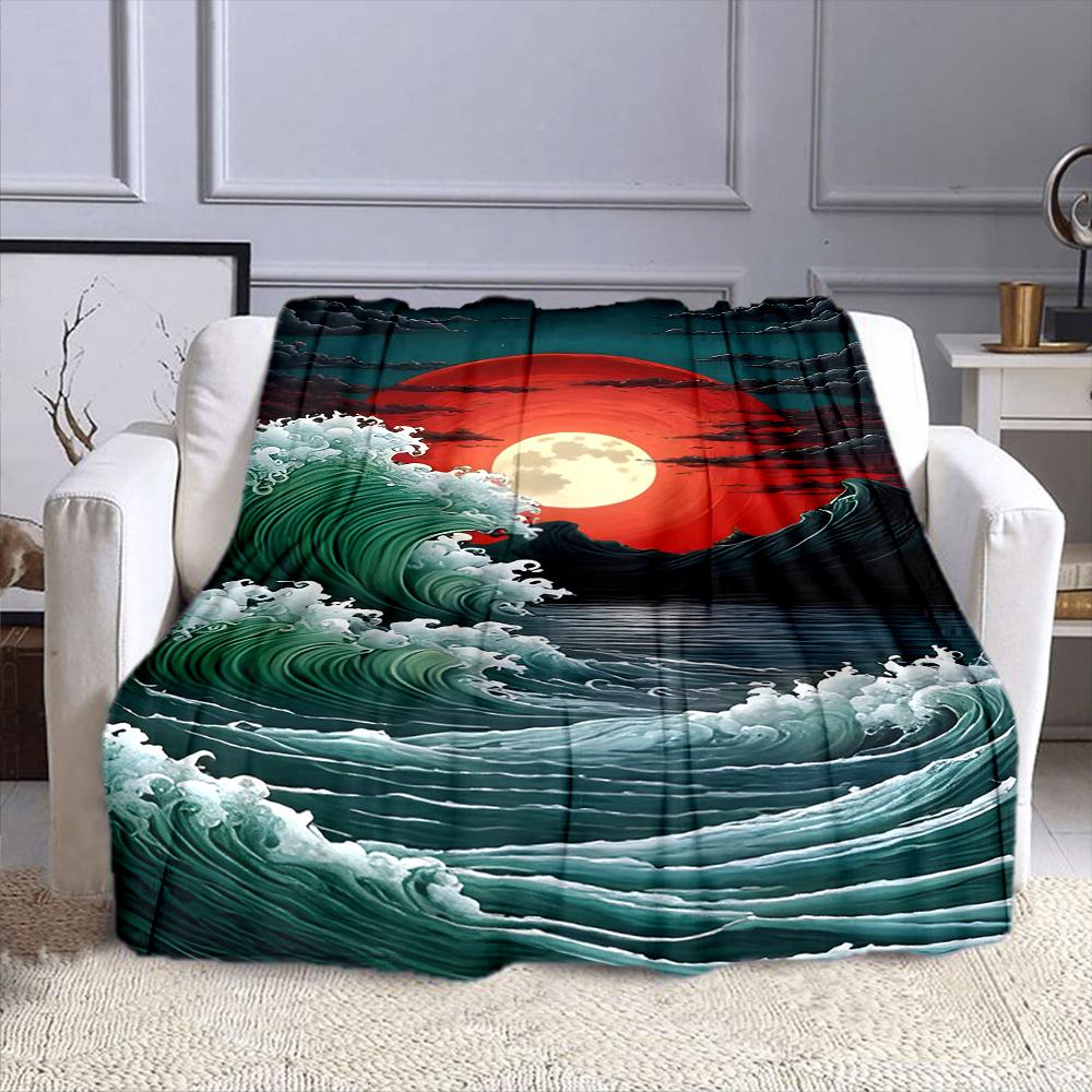 Red Moonlit Waves and Stormy Sea Patterned Flannel Blanket Perfect for the Bedroom Living Room, Sofa, or a Little Nap