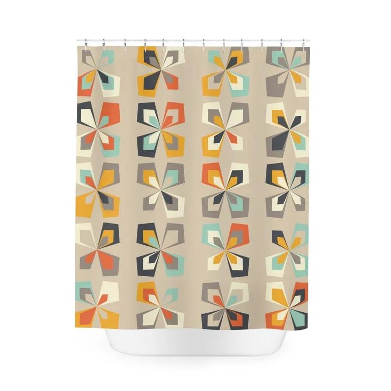 Retro 60S-70S Mid Century Modern Shower Curtain - Abstract Vintage Floral, Brown Orange & Teal, Mcm Bathroom Decor