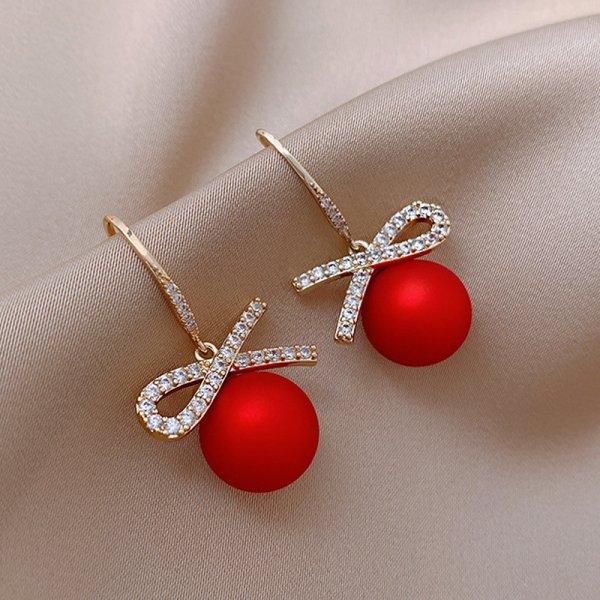 Luxury Gold Color Zircon Bowknot Earrings Stud For Women Red Pearl Flower Earrings New Year Christmas Party Jewelry Gift