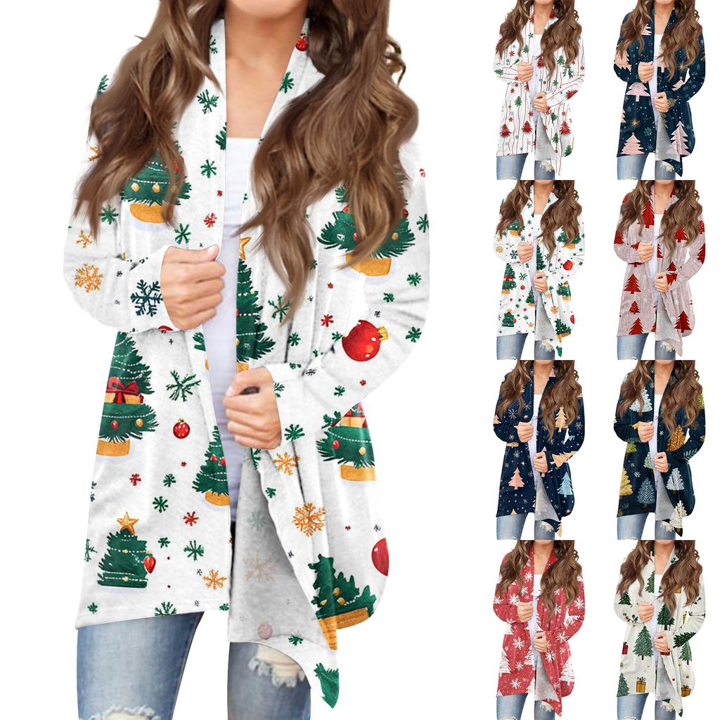 Women's Fashionable Loose-Fit Casual Cardigan With Christmas Print Mid-Length Coat