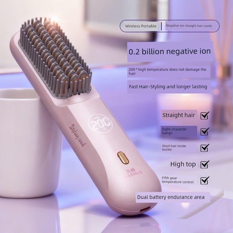 

Wireless Straight Comb Anion Does Not Hurt Hair Hair Straighter Hair Curler Dual-Use Portable Charging Comb Hair Curler Pink