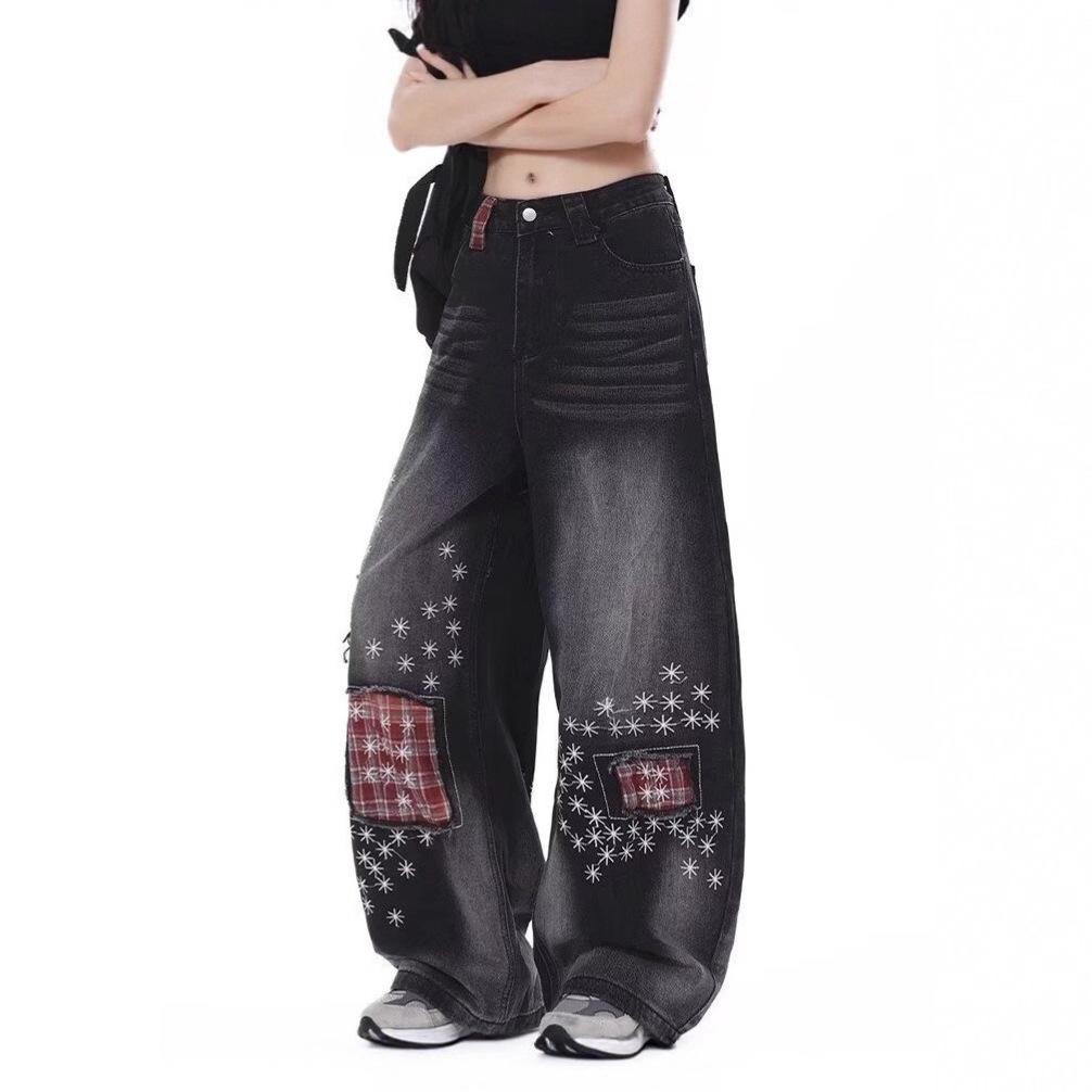 American retro plaid splicing scimitar jeans men's and women's new casual loose wide-leg drape pants