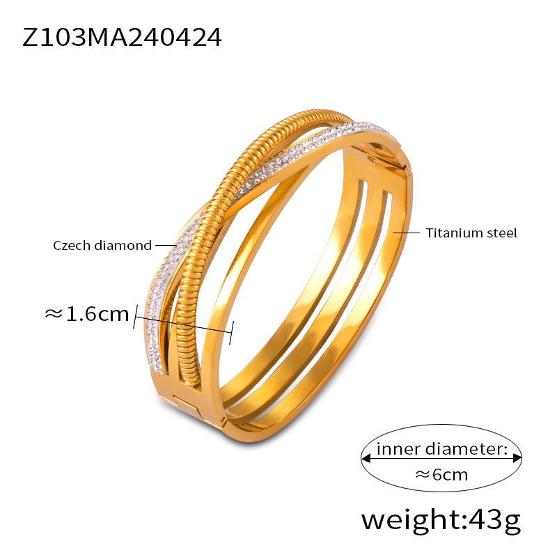 European & American Light Luxury Titanium Steel Gold-Plated Open Design Bracelets with Rhinestone Inlay for Women