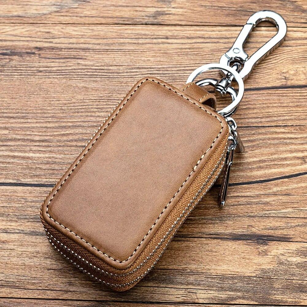Genuine Cow Leather Home Car Keys' Bag Double Pocket Zipper Mini Wallet Earth Yellow Men Women's Key Holder Transparent Pocket
