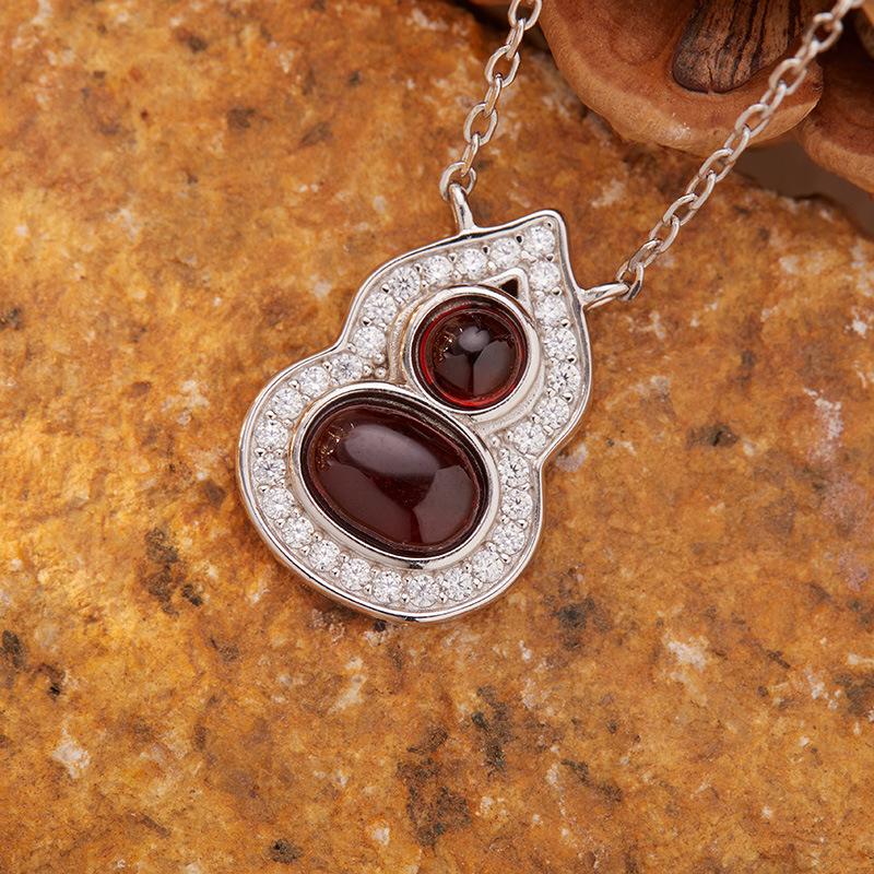 Natural Garnet Turquoise Hetian Jade Lapis Lazuli Nanhong Gourd Pendant Necklace Women'S Set S925 Sterling Silver Colored Treasure