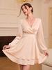 European and American Women's V-Neck Satin Dress - Elegant Spring/Summer Style with Lantern Sleeves and Slim Fit.