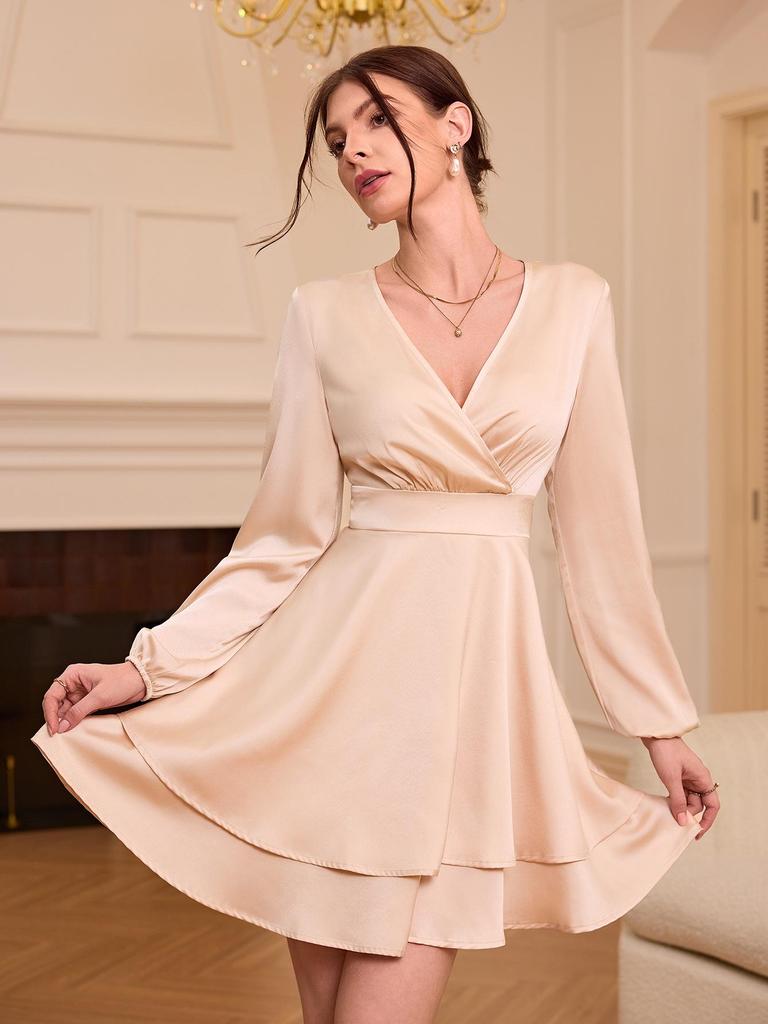 European and American Women's V-Neck Satin Dress - Elegant Spring/Summer Style with Lantern Sleeves and Slim Fit.