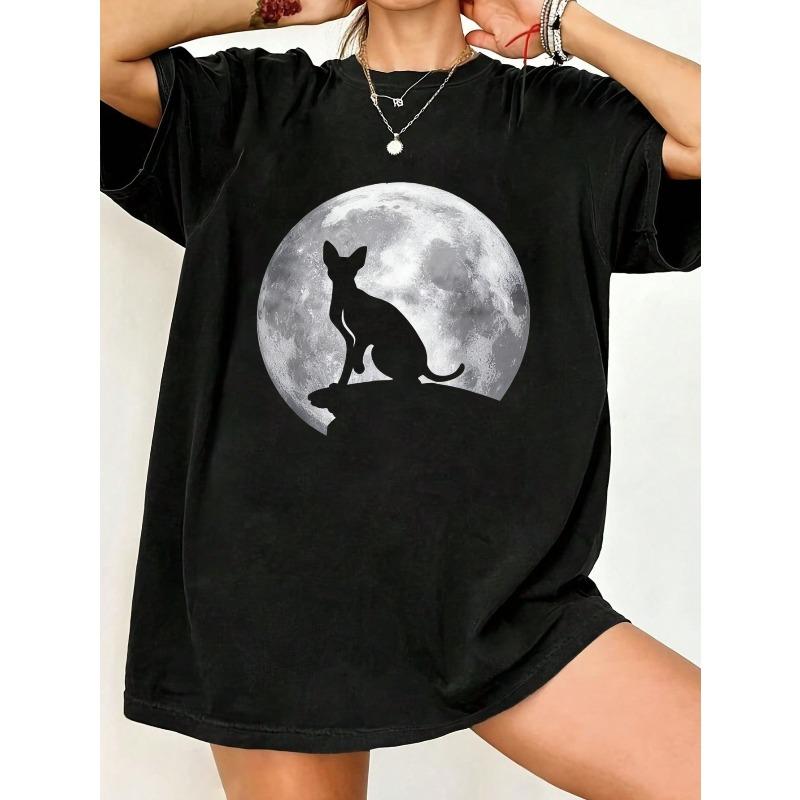 

Black Oversized T Shirt With Cat And Moon Print For Casual Wear XXXXL чёрный