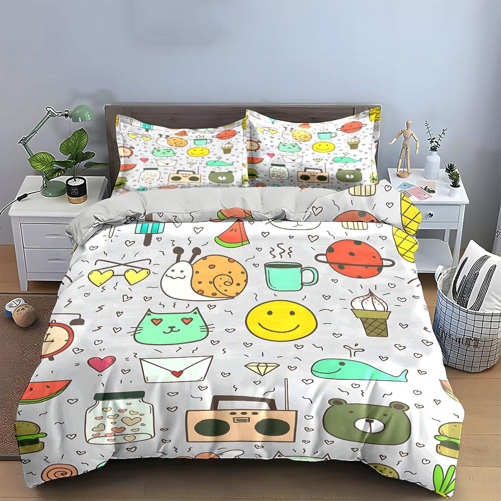 Cute Doodle Icons Pattern Bedding Duvet Cover Set (1*Duvet Cover 2*Pillowcases, without duvet insert)