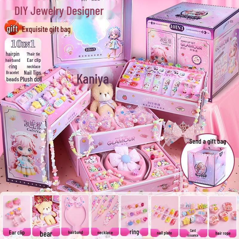 Colorful Beaded Jewelry Set for Girls - Necklace, Bracelet & Hair Accessories Gift Box