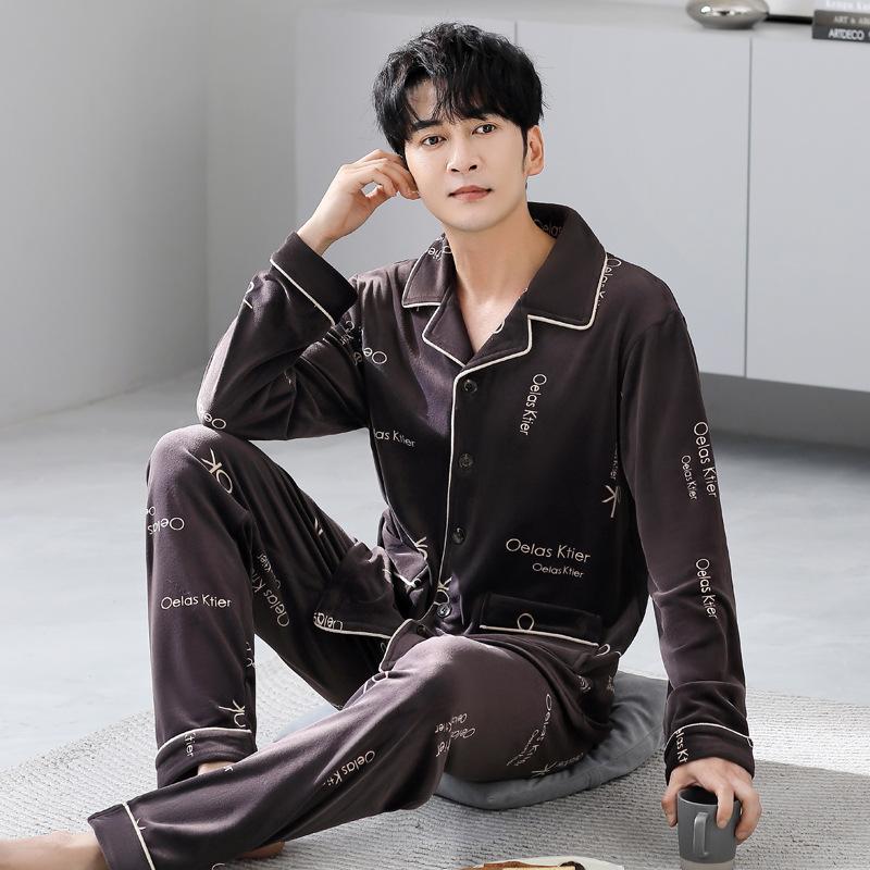 Пижама мужская зимняя коралловый флис утолщенный флис мужская осенне-зимняя островной флис большого размера зимняя фланелевая домашняя одежда L