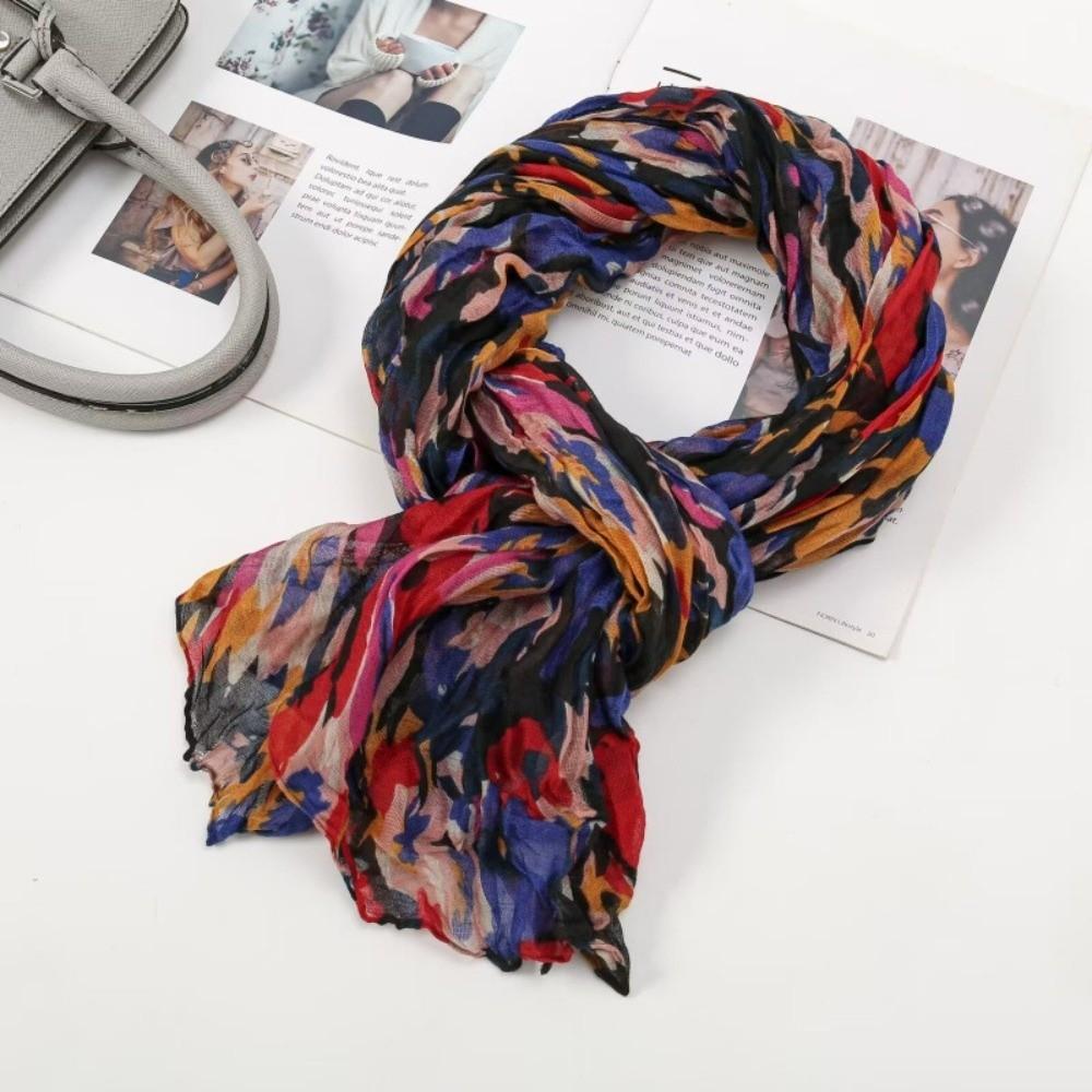 Floral Cotton Linen Scarf Vintage Long Shawl Wrap Fashion Pleated Printed Scarf  For Autumn Winter