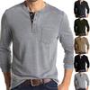 O-Neck Long Sleeve Pocket Men Shirt Buttons Neck Solid Color Pullover Top for Autumn Winter