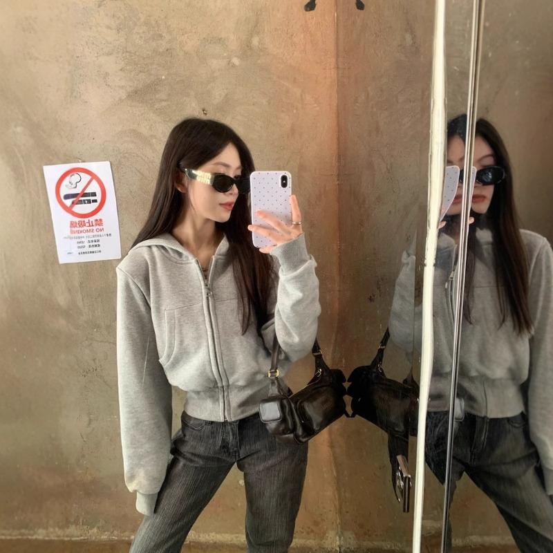 Women S Gray Short Hooded Zip Up Sweatshirt Jacket Casual Style