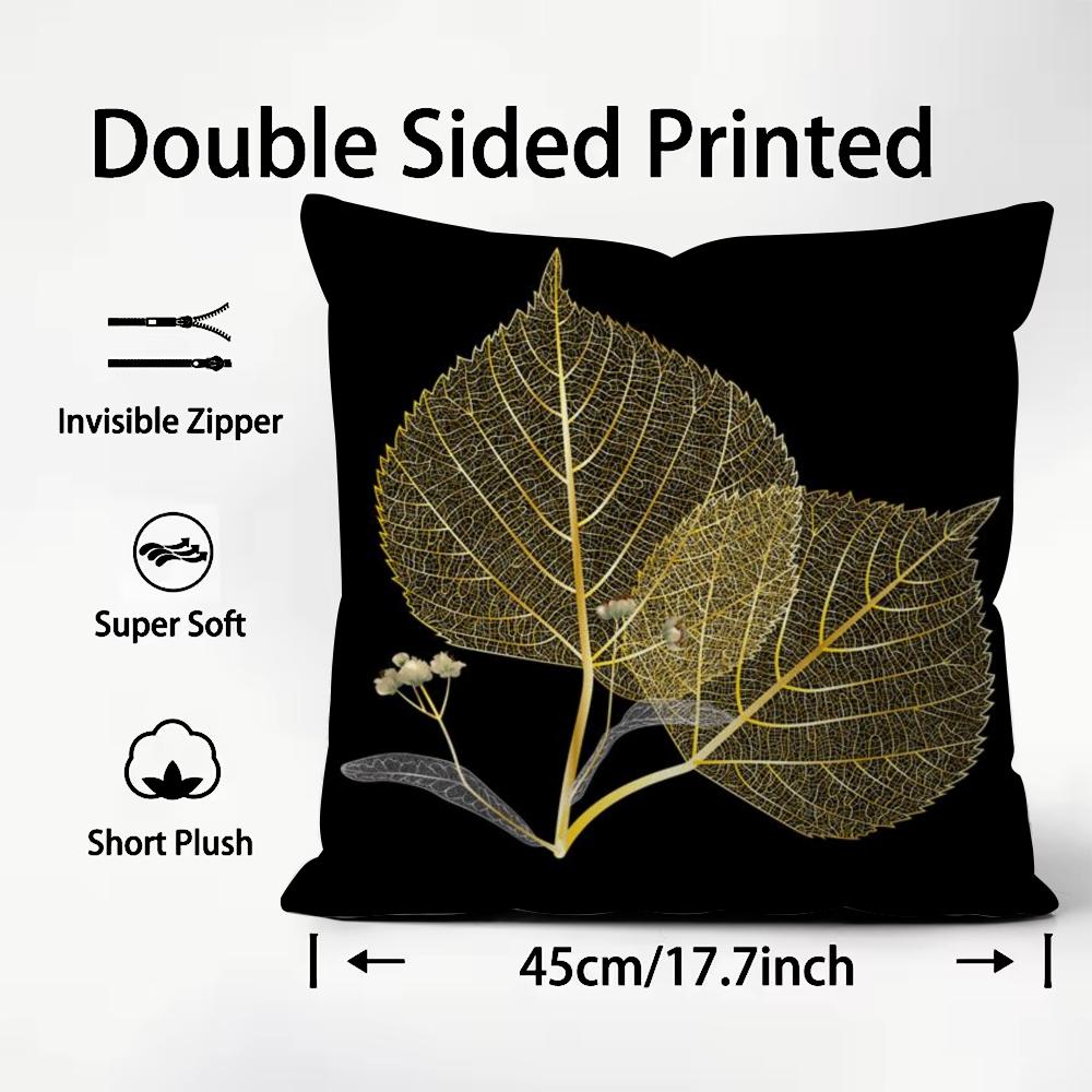 Golden Leaf Branch Pattern Cushion Cover Plush Fabric Soft DoubleSided Printed Sofa Warm Winter Home Child Gift Pillow Case