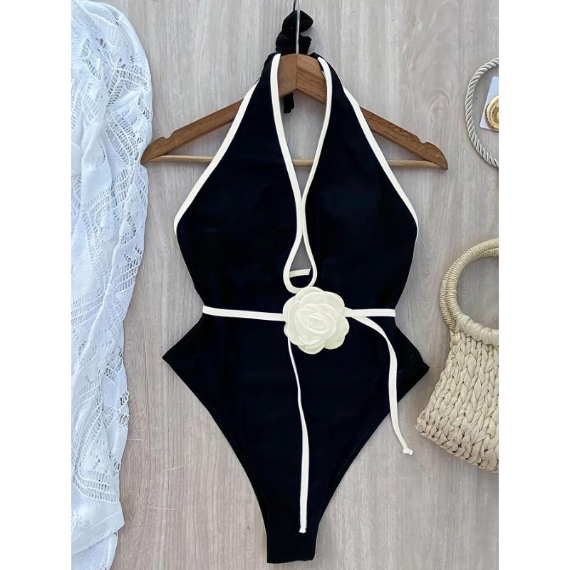 Women's Black Halter Deep V Camellia Decor One-Piece Swimsuit