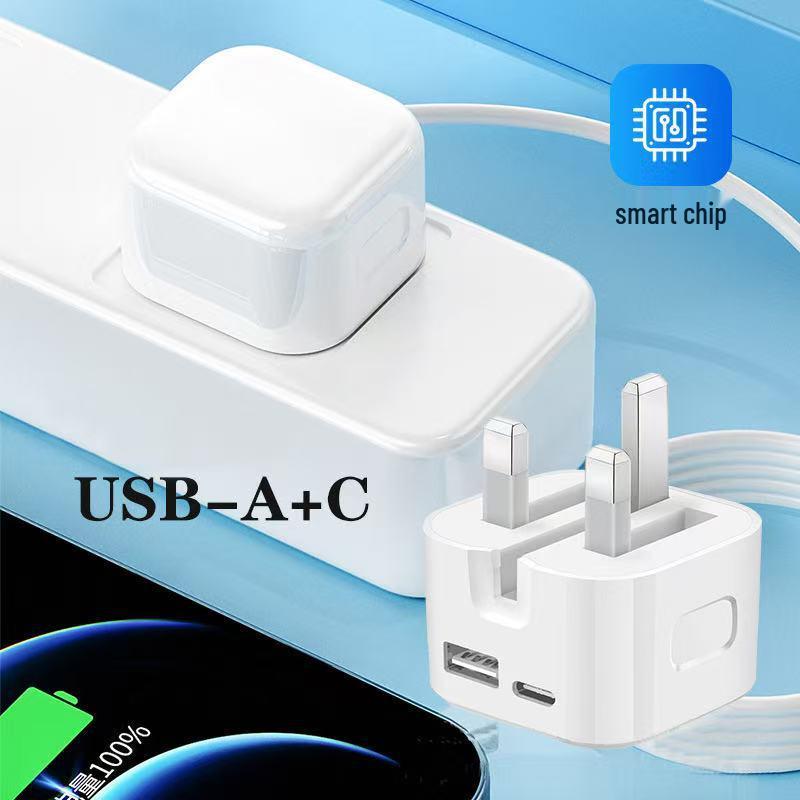 35W+C UK Dual Port Fast Charger: Compatible with Apple and Android, USB+PD Fast Charging