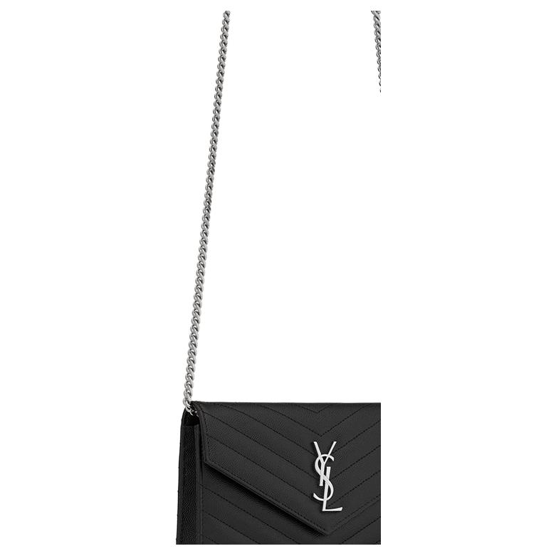 Saint Laurent Ysl Obálka Stříbrné Logo Prošívaná Zrnité Ražené Kožené Obálka Peněženka na Řetízku Taška přes Rameno Crossbody Taška Dámské Tašky Černá 393953BOW021000